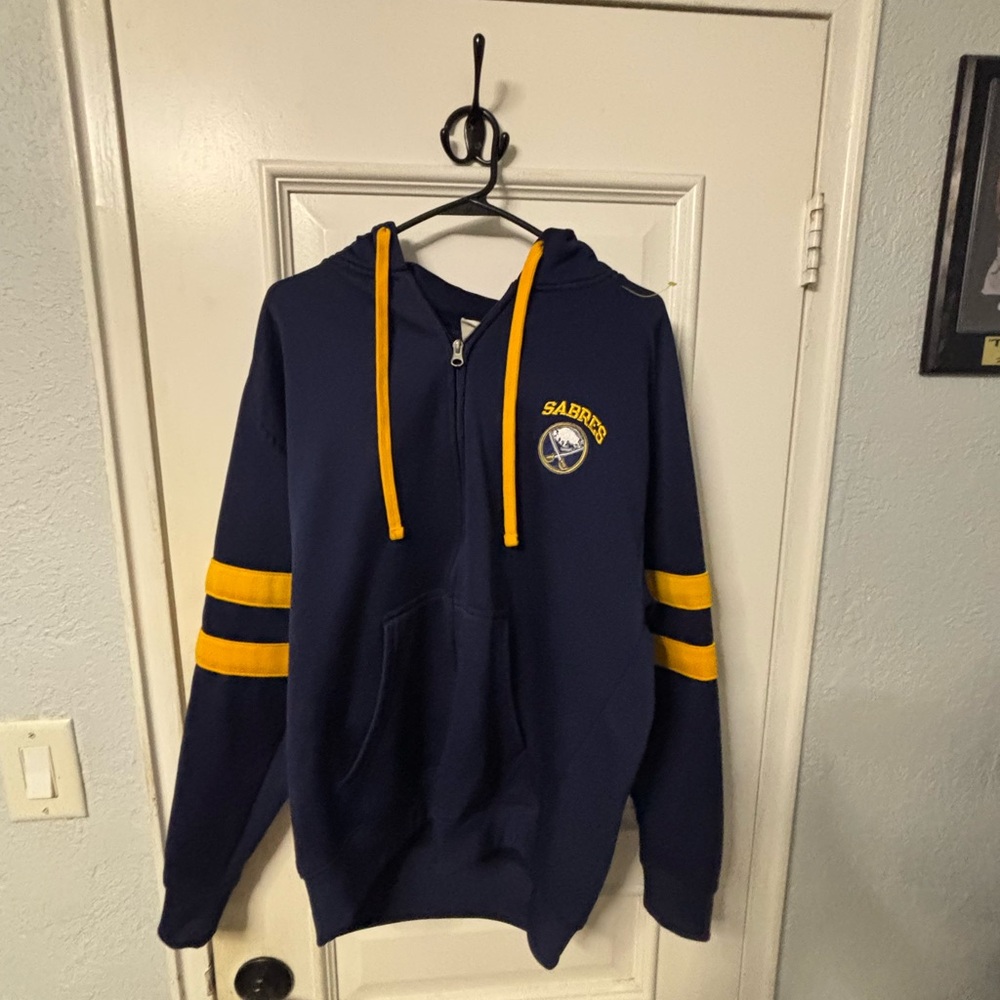 Vintage NHL Buffalo Sabres Blue and Yellow Sweater with Varsity Style